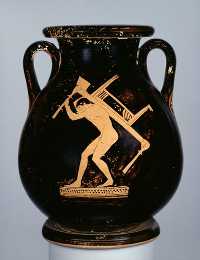 Attische rotfigurige Pelike mit Darstellung eines Jugendlichen, der eine Couch und einen dreibeinigen Tisch auf dem Rücken trägt, ca. 480 v. Chr. von Pan Painter